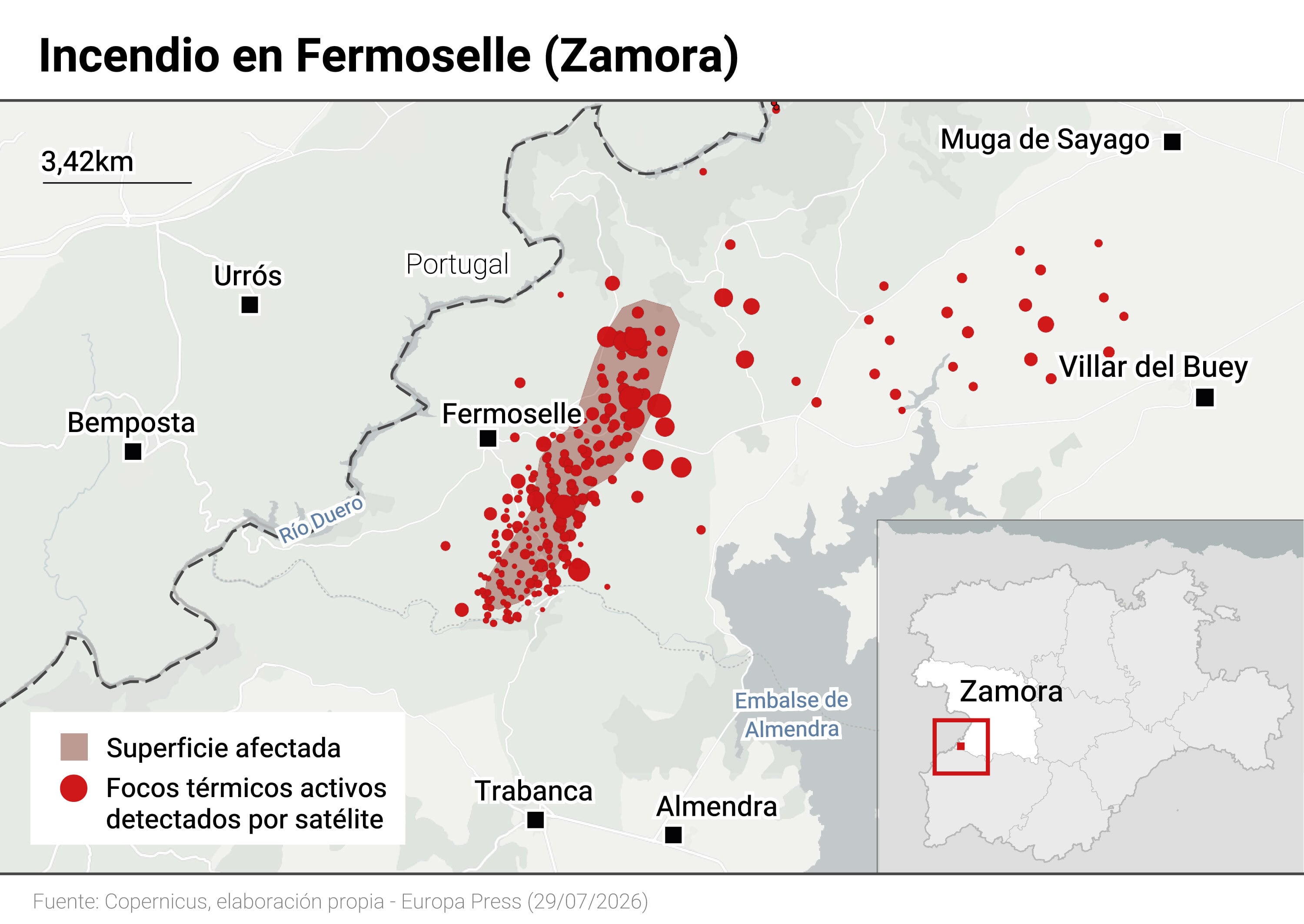 Mapa con focos activos por el incendio de Zamora. (Europa Press)