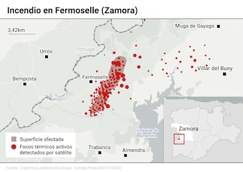 Mapa con focos activos por el incendio de Zamora. (Europa Press)