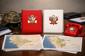 Mesa de reuniones con casco militar, dos carpetas con el escudo de Perú, teléfono rojo, mapas de Piura y Trujillo, documentos apilados y un bolígrafo.