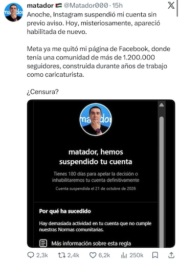 Matador perdió página de Facebook con 1,2 millones de seguidores y pidió explicaciones a Meta - crédito @Matador000/X