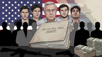 Ilustración de un expediente judicial con 'S9 23 Cr. 180 (SDNY)', retratos de Rubén Rocha Moya y Los Chapitos, siluetas de funcionarios, armas, dinero, bandera de EE.UU. y mapa de Sinaloa.