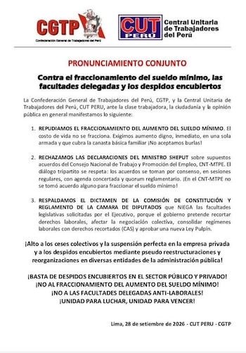 Documento impreso con logotipos de la CGTP y la CUT del Perú con el título de un pronunciamiento conjunto en letras rojas y negras