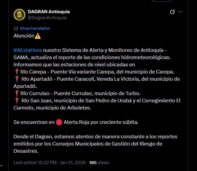 Dagran mantiene alertas ante el incremento del nivel de ríos y quebradas, y recomienda vigilar el color y el caudal de los afluentes en Urabá - crédito Dagran/X