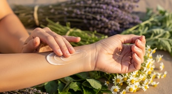 Primer plano de una persona adulta aplicando crema blanca sobre la piel de su brazo. Alrededor hay manojos de lavanda morada y flores de manzanilla blancas con centro amarillo.