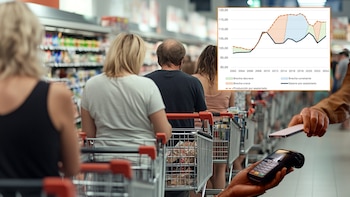 Personas en la fila de un supermercado. (Montaje Infobae)