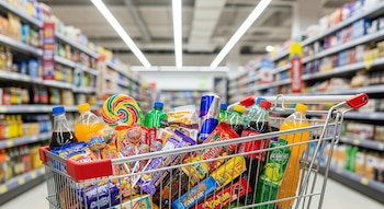 Carrito de compras lleno de dulces, chocolates, caramelos y botellas de bebidas azucaradas, con un pasillo de supermercado ligeramente desenfocado al fondo.