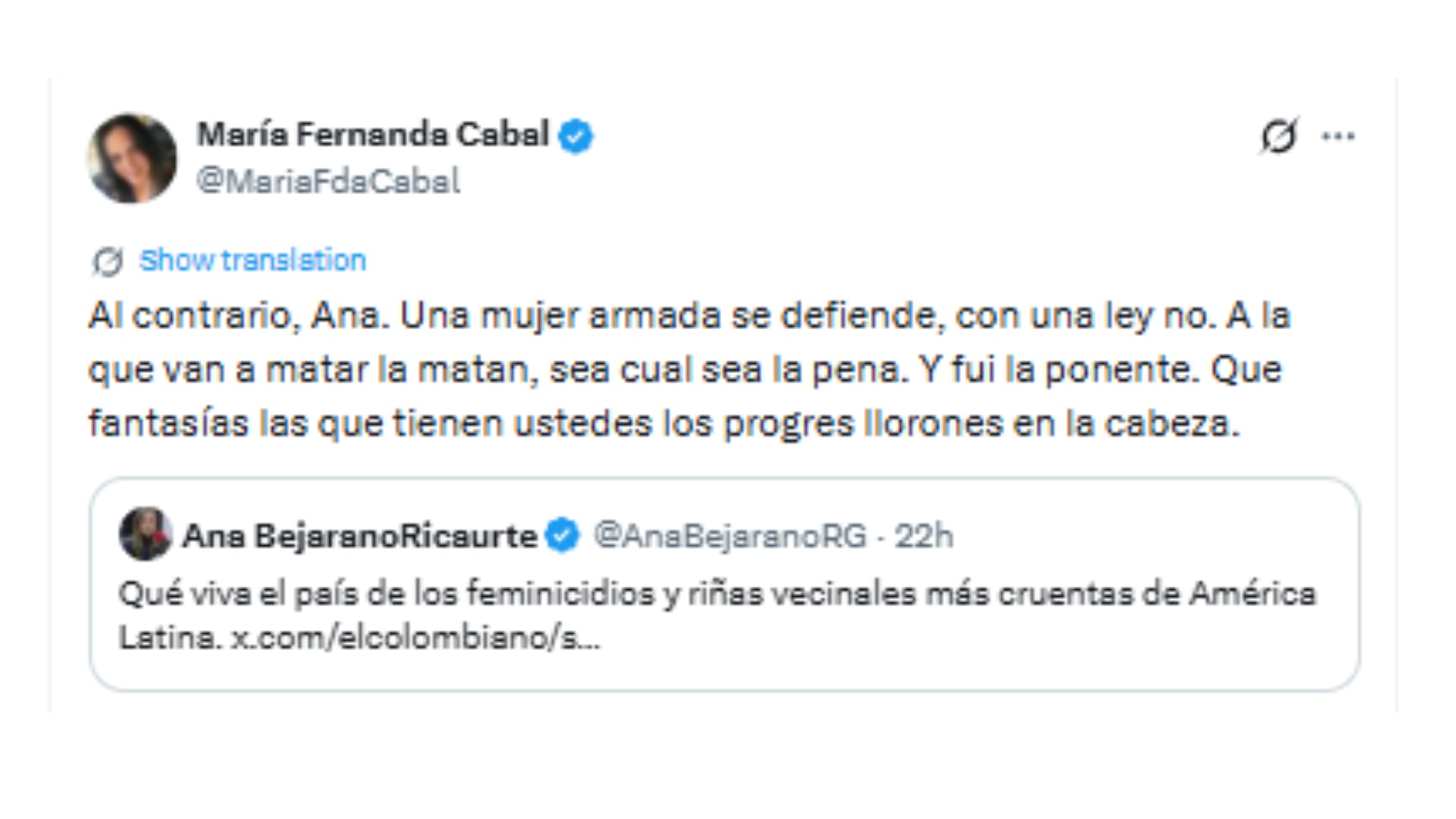 La congresista reaccionó al cuestionamiento por la reactivación de permisos vigentes para portar armas de fuego en Colombia - crédito @MariaFdaCabal/X