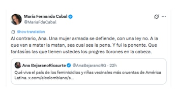 La congresista reaccionó al cuestionamiento por la reactivación de permisos vigentes para portar armas de fuego en Colombia - crédito @MariaFdaCabal/X