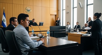 Un hombre con camisa a cuadros tiene sus manos juntas frente a una mesa en un tribunal, con un juez, abogados y la bandera de El Salvador al fondo.
