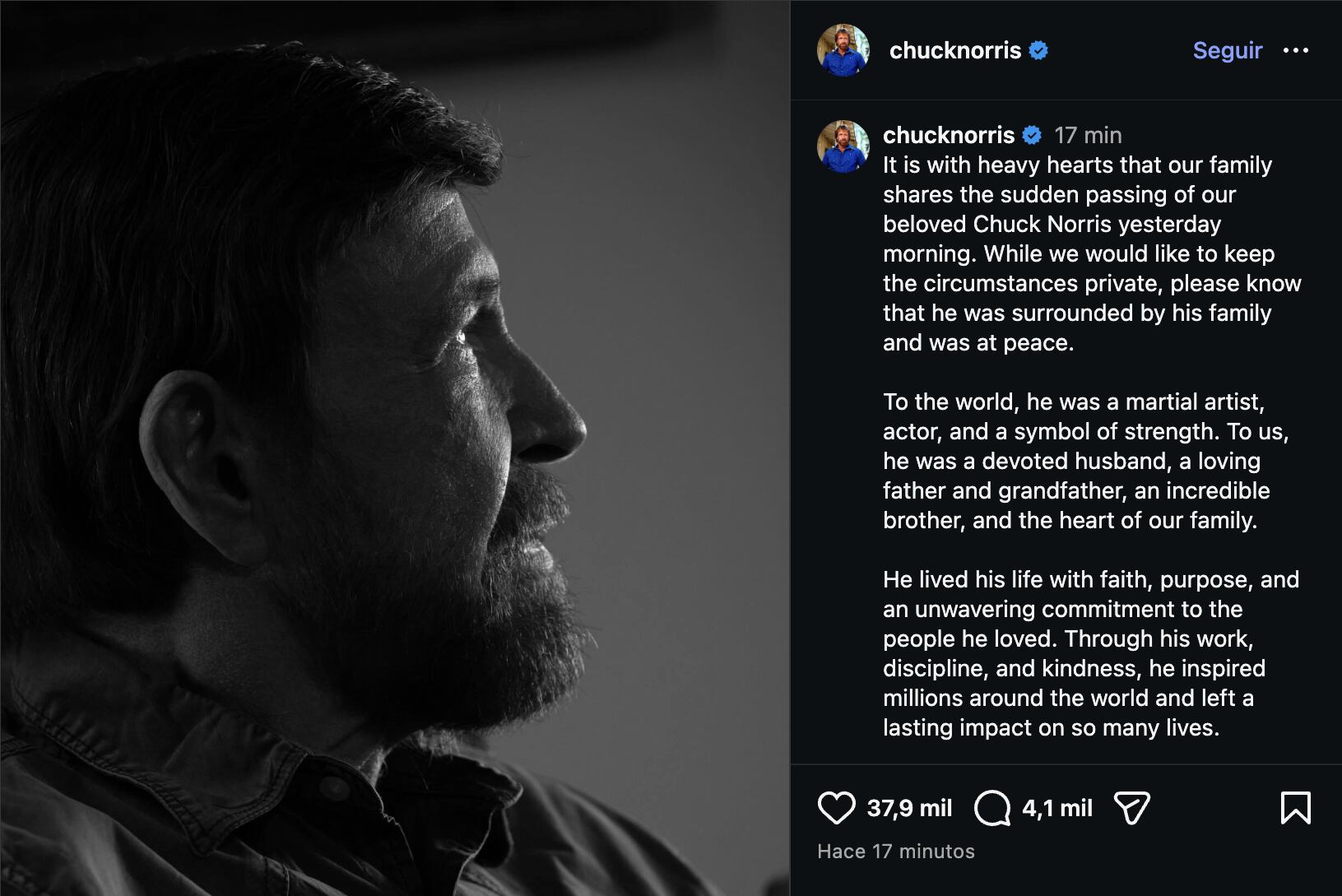 Fue a través de las redes sociales de Chuck Norris que su familia confirmó la muerte del actor y artista marcial(Créditos: Instagram/Chuck Norris)