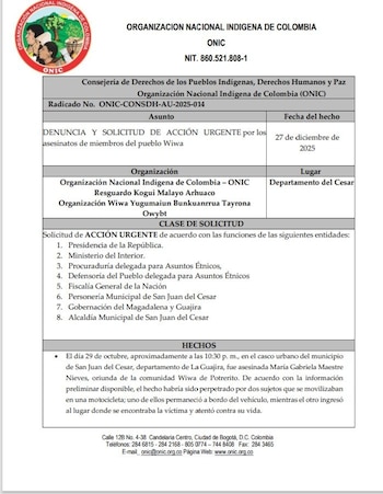 Petición comunidad indígena Wiwa -