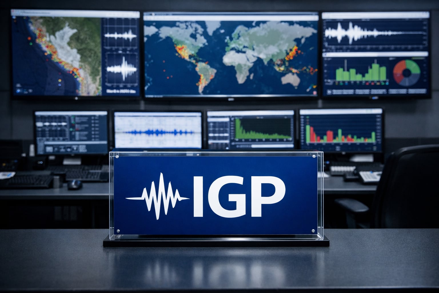 Una moderna sala de monitoreo sísmico en Perú, con el logo del Instituto Geofísico del Perú (IGP) en primer plano, muestra múltiples pantallas con mapas sísmicos y gráficos de actividad telúrica en tiempo real. (Imagen Ilustrativa Infobae)