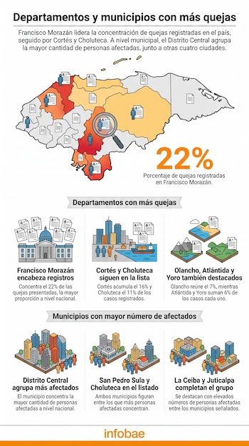 Infografía con mapa de Honduras, iconos de personas y documentos, lupa, cifras de porcentajes, imágenes de edificios y paisajes urbanos.