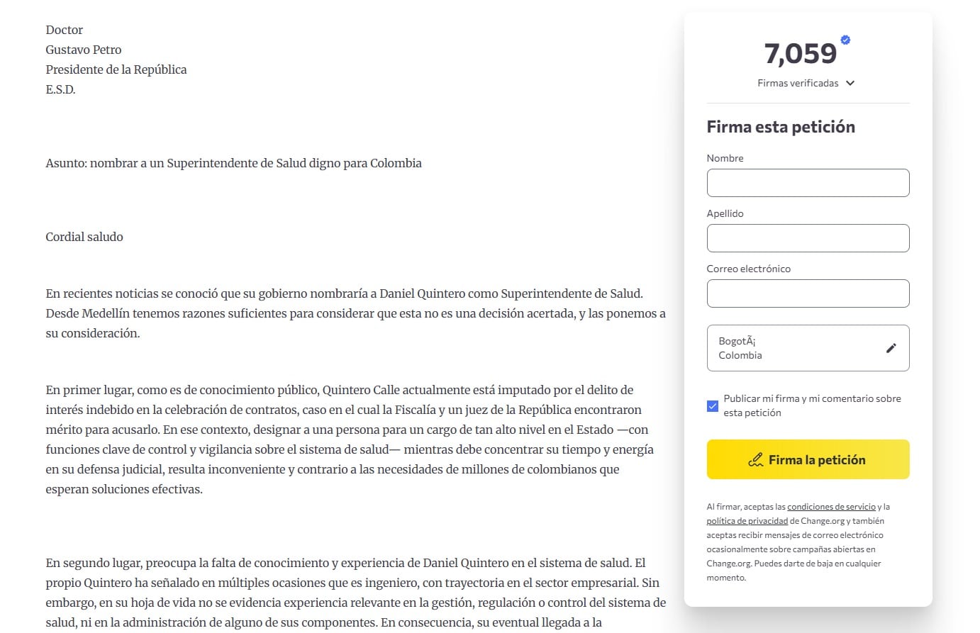 Varias entidades y personas del sector público han expresado inquietudes por la trayectoria profesional y los procesos judiciales que involucran al exalcalde, solicitando un perfil técnico para el cargo - crédito captura de pantalla Change.org