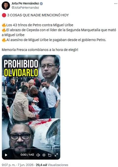 Jota Pe Hernández denunció omisiones y señaló nexos políticos en el asesinato de Miguel Uribe Turbay - crédito @JotaPeHernandez/X