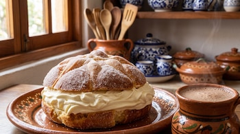 Pan dulce espolvoreado con azúcar y relleno de crema sobre un plato de barro, junto a una taza humeante y diversos utensilios de cocina.