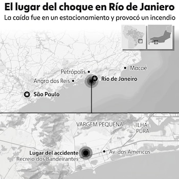 Mapa en tonos grises que muestra la ubicación de un choque en Río de Janeiro. Incluye un mapa general de Brasil y un zoom en Recreio dos Bandeirantes.