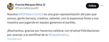 Francia Márquez agradeció a la selección Colombia pro el triunfo sobre Panamá - crédito @FranciaMarquezM/X