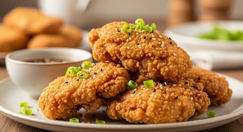 Un plato contiene trozos de pollo frito con semillas de sésamo blancas y negras, y cebolleta picada. Al lado hay un cuenco con salsa oscura.