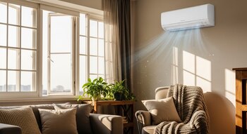 Un salón con un aparto de aire y una ventana abierta
