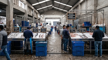 Puestos de venta con pescado sobre camas de hielo, cajas plásticas azules, carteles de precios y varias personas dentro de un galpón techado.