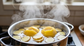 Olla metálica en una estufa con cáscaras de limón y rodajas de jengibre hirviendo en agua, desprendiendo vapor claramente visible.