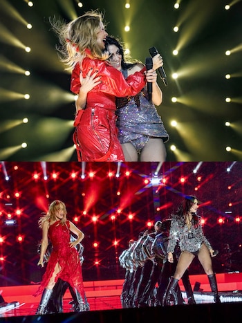 Dos imágenes. Arriba: Lali y Kylie Minogue se abrazan sonriendo en un escenario iluminado. Abajo: Ambas artistas actúan con bailarines de fondo y luces rojas