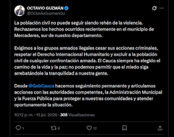 El gobernador del Cauca, la Fuerza Pública y las autoridades de Mercaderes coordinaron acciones para proteger a la población civil y restablecer la seguridad - crédito X