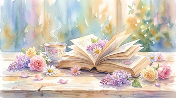 Un libro entreabierto, una taza de té con vapor y varias flores de colores reposan sobre una mesa de madera en una acuarela.