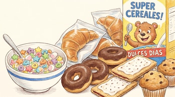 Ilustración de un tazón de cereales coloridos con leche y cuchara, junto a tres croissants envasados, tres donas de chocolate, dos tostadas dulces y dos magdalenas.