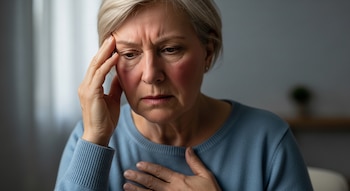 Una mujer caucásica de mediana edad, con cabello rubio corto, frente fruncida, mejillas enrojecidas, y una mano en la sien y la otra en el pecho, en primer plano.