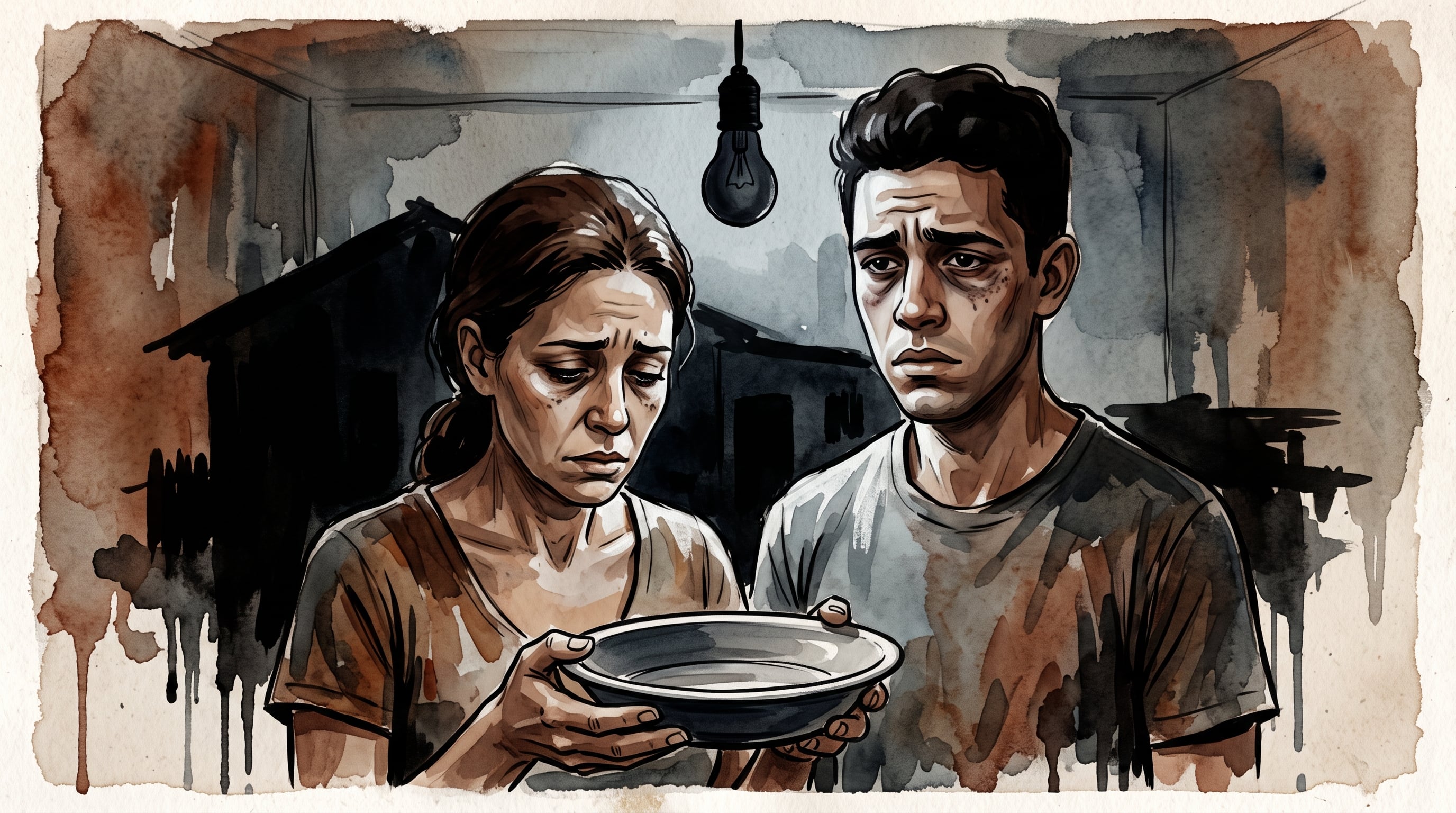 Dos ciudadanos cubanos permanecen junto a un plato vacío bajo una bombilla apagada en un espacio sin luz. (Imagen Ilustrativa Infobae)