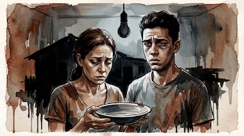Ilustración en acuarela de una mujer y un hombre sosteniendo un plato vacío bajo una bombilla apagada.