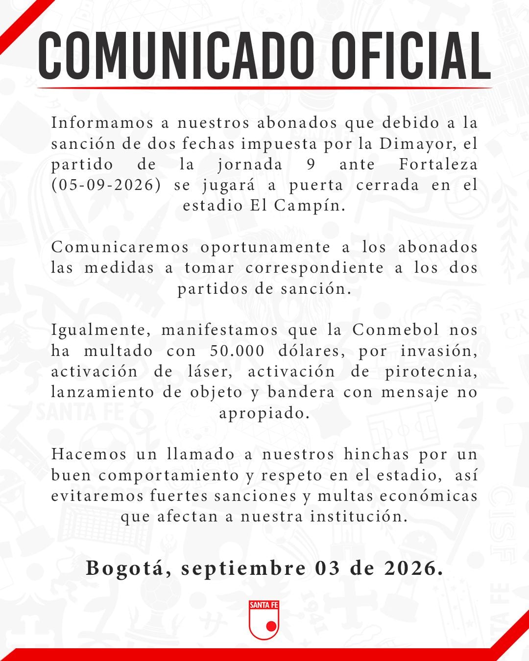 La respuesta de Independiente Santa Fe a las sanciones de la División Mayor del Fútbol Colombiano - crédito Santa Fe