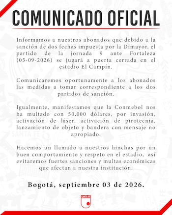 La respuesta de Independiente Santa Fe a las sanciones de la División Mayor del Fútbol Colombiano - crédito Santa Fe