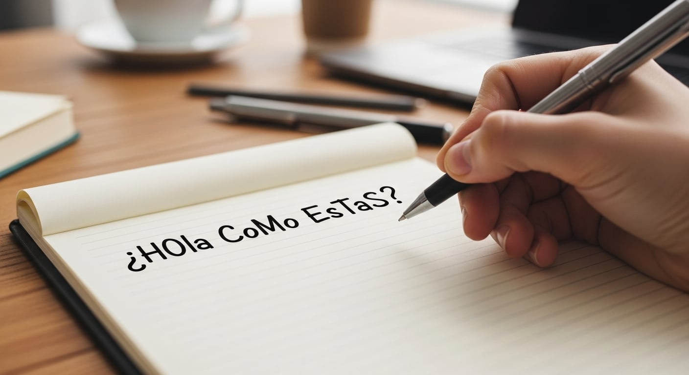 Una mano escribe la frase '¿HOla CoMo EsTaS?' mezclando mayúsculas y minúsculas en un cuaderno sobre un escritorio de madera, simbolizando la diversidad o las nuevas formas de comunicación digital. (Imagen Ilustrativa Infobae)