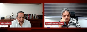 La entrevista entre Julio Astillero (a la izquierda) e Ismael Bojórquez se llevó a cabo este miércoles 9 de septiembre. (Crédito: Yotube | captura de pantalla: Julio Astillero)