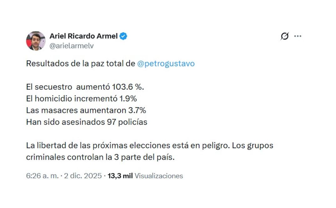 Ariel Ricardo Armel, director de la Fundación Libremente, advirtió que los grupos criminales están tomando el control de una tercera parte del país - crédito @arielamelv/X