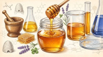 Un frasco de miel, un palillo de madera, matraces de laboratorio, un mortero, un panal, flores de lavanda y esquemas químicos.