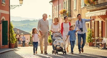 Una familia multigeneracional camina por una calle adoquinada en un pueblo soleado. Hay seis personas, incluyendo un bebé en un cochecito. Padre e hijo señalan.