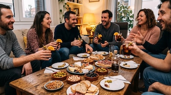 Seis personas sentadas alrededor de una mesa de madera con vasos de bebida con hielo y platos con aceitunas, quesos y frutos secos.