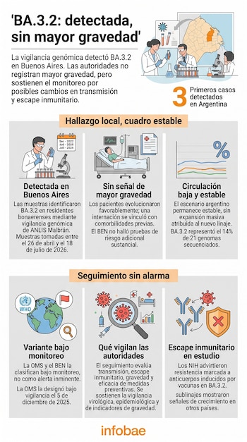 Infografía con datos de la variante BA.3.2, un mapa bonaerense, científicos, un microscopio, gráficos y el logotipo de Infobae.