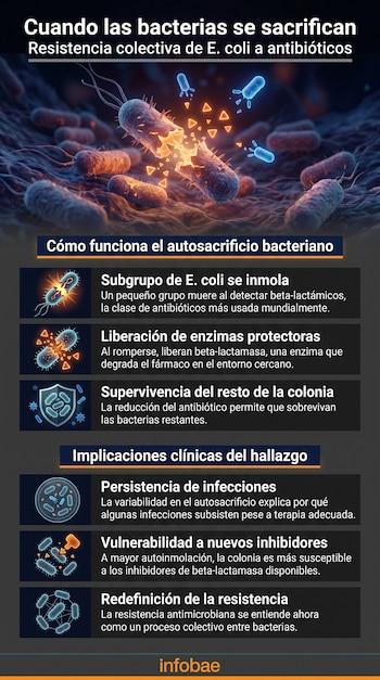 Infografía muestra bacterias E. coli, el proceso de autosacrificio y liberación de enzimas, y sus implicaciones en la resistencia a antibióticos.
