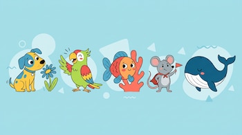 Ilustración plana de un perro, loro, pez, ratón y ballena en fila, sobre un fondo azul celeste con formas geométricas. Animales con colores vibrantes.