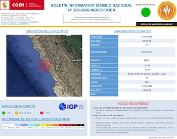 Boletín sísmico nacional de COEN con mapa del epicentro cerca de Chilca, Perú, tablas de parámetros sísmicos, y escalas de magnitud e intensidad