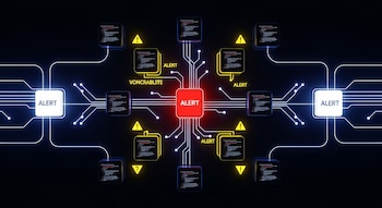 Red de bloques de software conectados por líneas luminosas, con un bloque central rojo y varios bloques amarillos con la palabra ALERT y signos de advertencia.