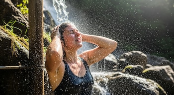 Una mujer con los ojos cerrados y las manos en la cabeza se ducha con agua fría al aire libre. Gotas de agua salpican su cuerpo, con fondo de rocas y vegetación.