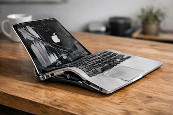 Una MacBook de color plateado, severamente doblada y con la pantalla completamente rota, yace sobre una superficie de madera clara.