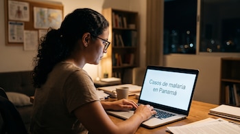 Una mujer con gafas teclea en una computadora portátil con el texto Casos de malaria en Panamá en la pantalla.