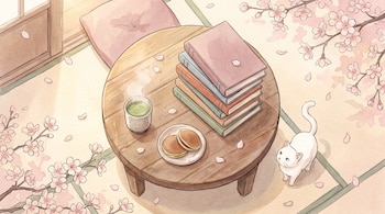 Una mesa de madera redonda con libros, té matcha, dorayaki y pétalos de cerezo. Un gato blanco en el suelo de tatami. Ramas de cerezo en flor.